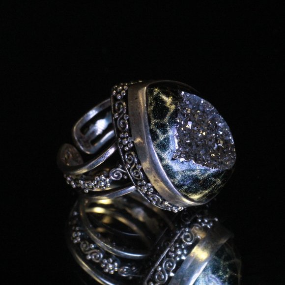 STERLING SILVER SAJEN DRUZY SILVER ANIMAL PRINT SPLIT RING - Picture 9 of 9
